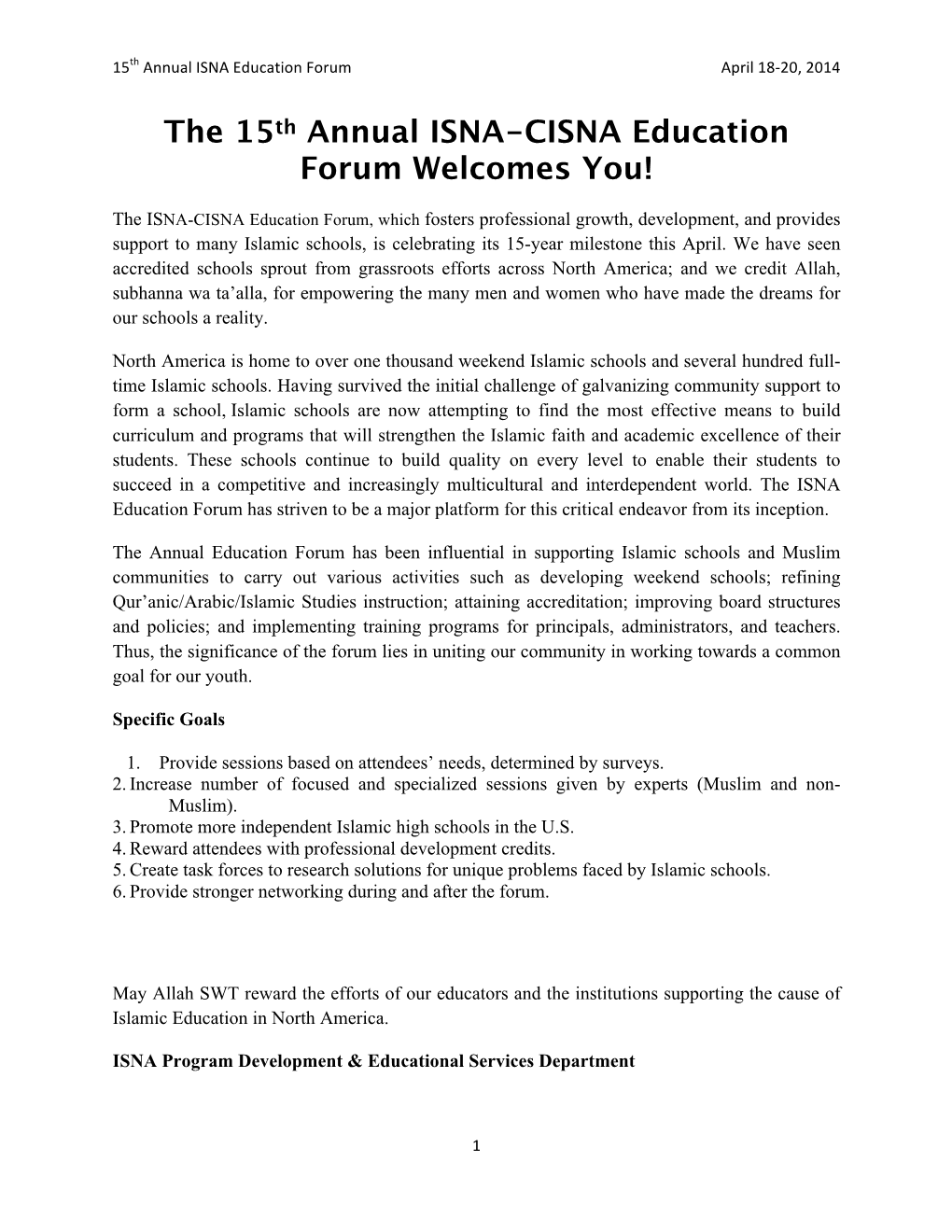 The 15Th Annual ISNA-CISNA Education Forum Welcomes You!