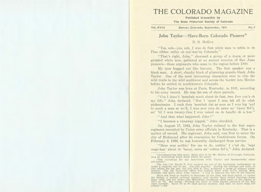 THE COLORADO MAGAZINE Published Bi-Monthly by the State Historical Society of Colorado