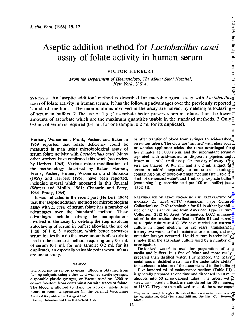 Aseptic Addition Method for Lactobacillus Casei Assay of Folate Activity in Human Serum