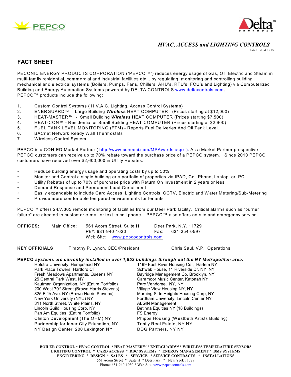 HVAC, ACCESS and LIGHTING CONTROLS FACT SHEET