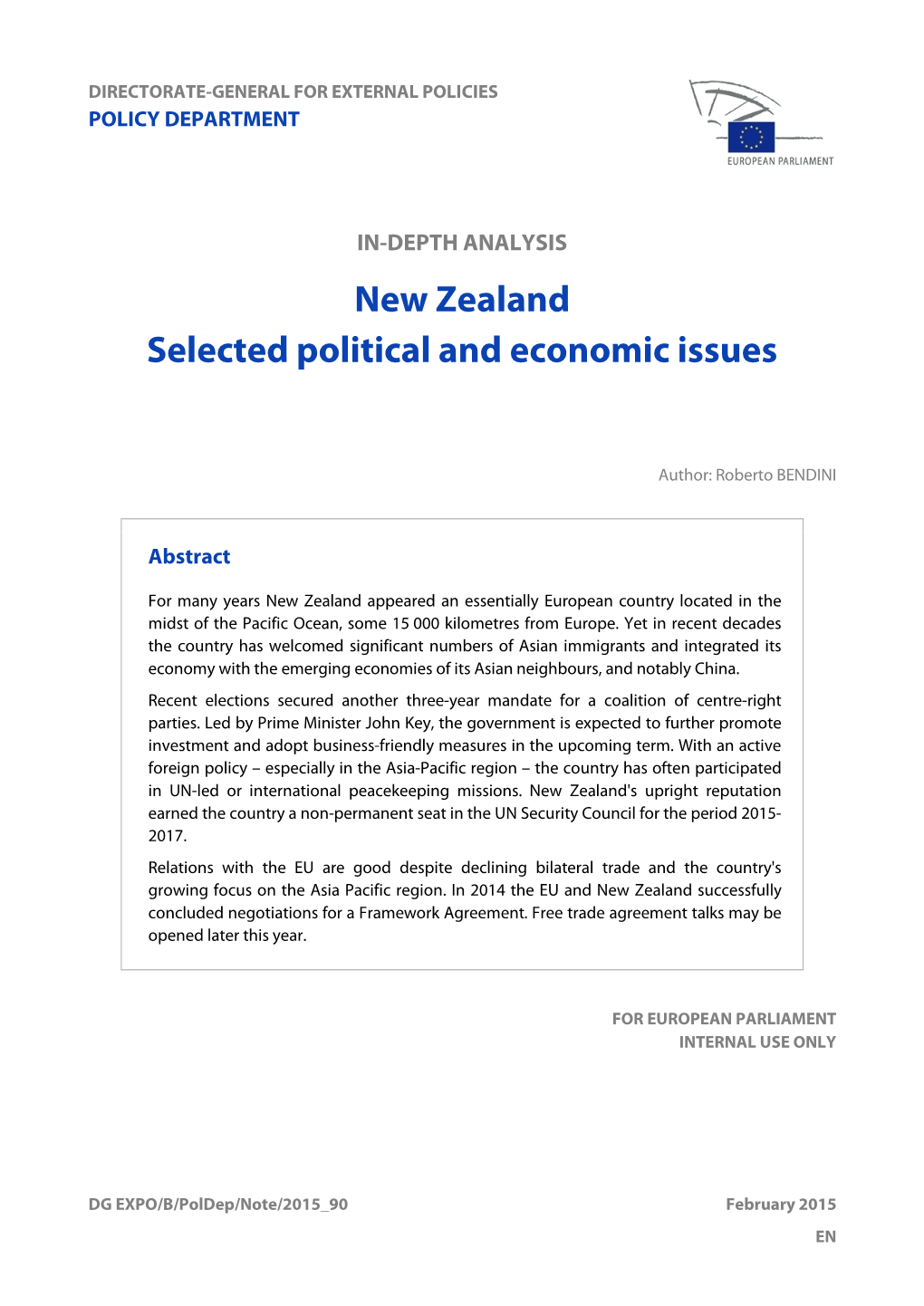 IN-DEPTH ANALYSIS New Zealand Selected Political and Economic Issues