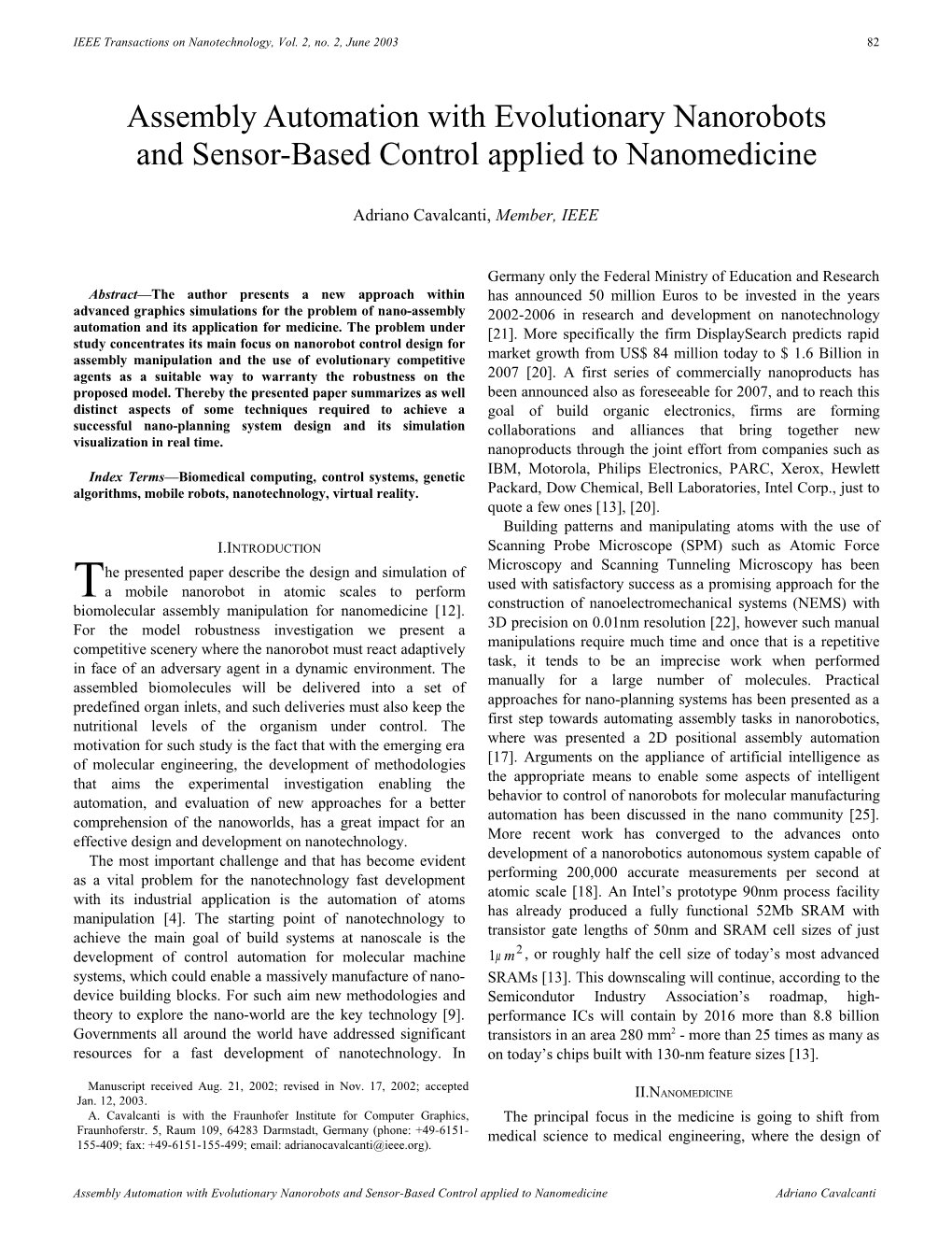 Assembly Automation with Evolutionary Nanorobots and Sensor-Based Control Applied to Nanomedicine