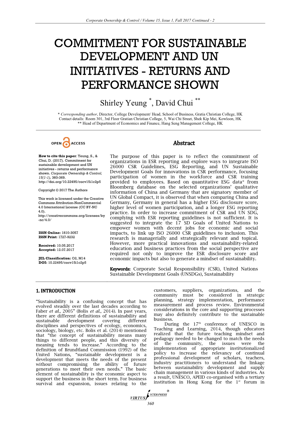 Commitment for Sustainable Development and Un Initiatives - Returns and Performance Shown