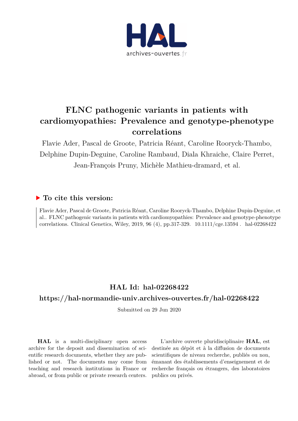 FLNC Pathogenic Variants in Patients with Cardiomyopathies