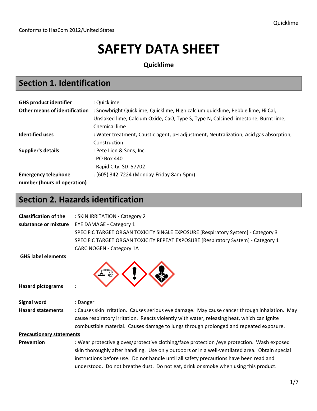 SAFETY DATA SHEET Quicklime