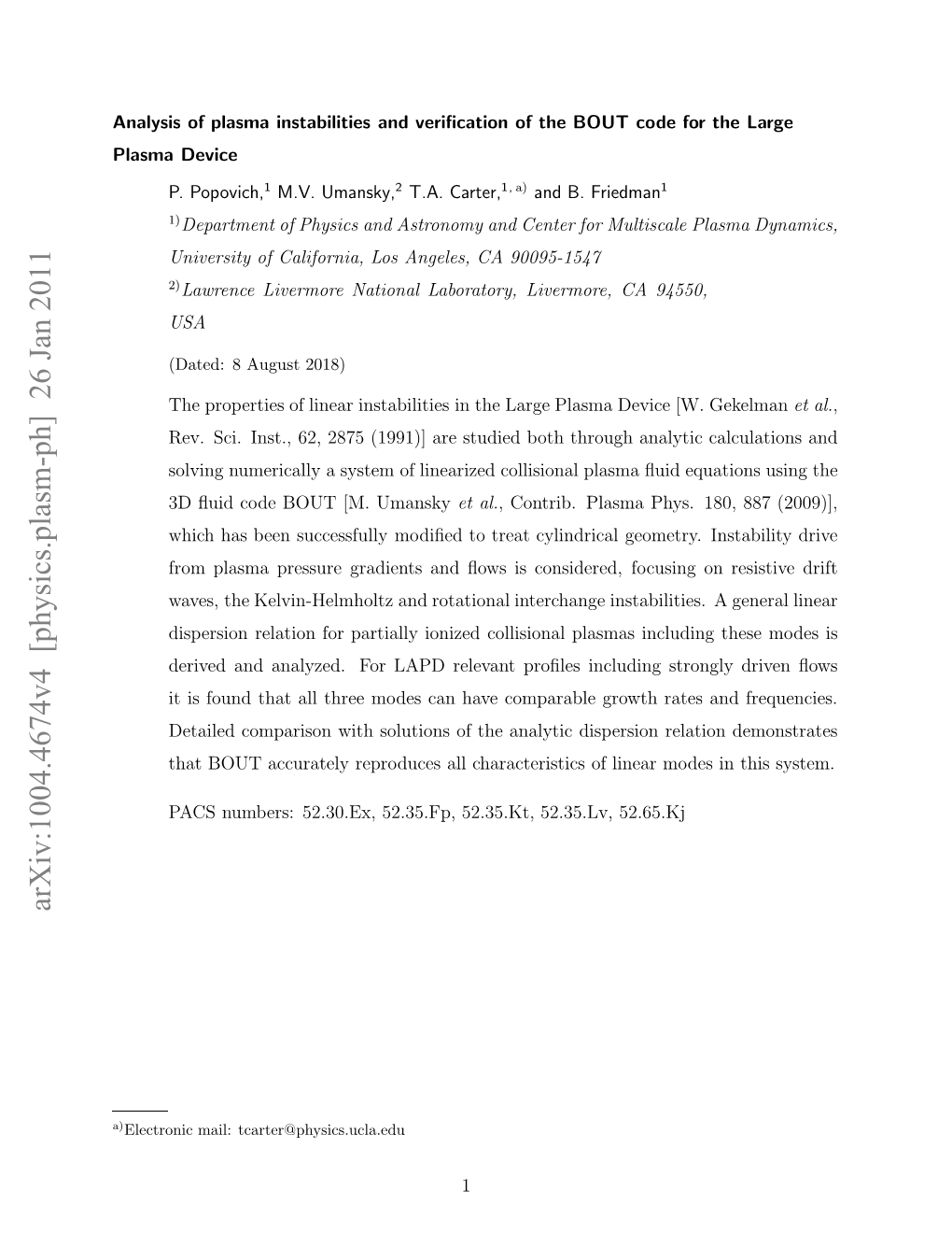 Analysis of Plasma Instabilities and Verification of the BOUT Code for The