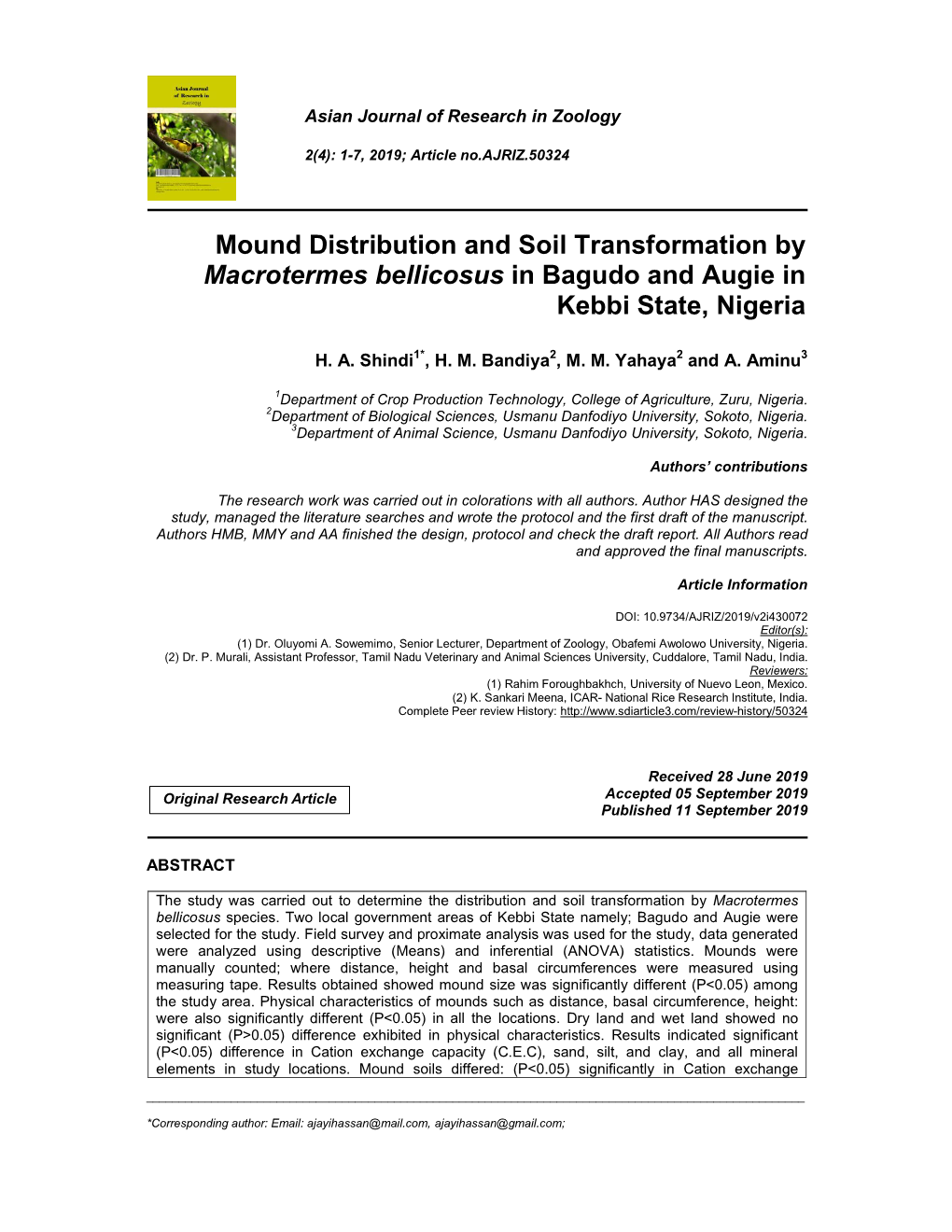 Mound Distribution and Soil Transformation by Macrotermes Bellicosus in Bagudo and Augie in Kebbi State, Nigeria