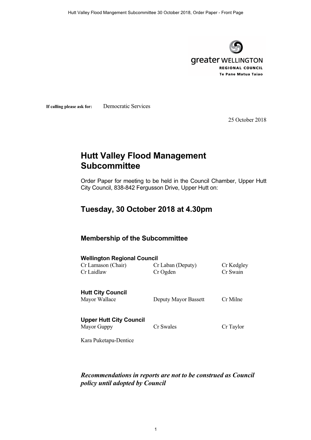 Hutt Valley Flood Management Subcommittee