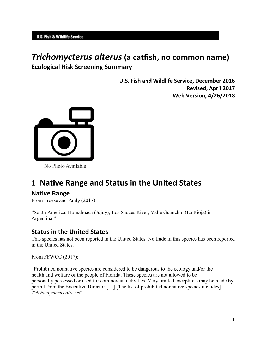 Trichomycterus Alterus (A Catfish, No Common Name) Ecological Risk Screening Summary