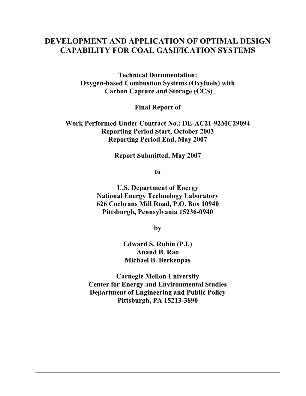 Development and Application of Optimal Design Capability for Coal Gasification Systems