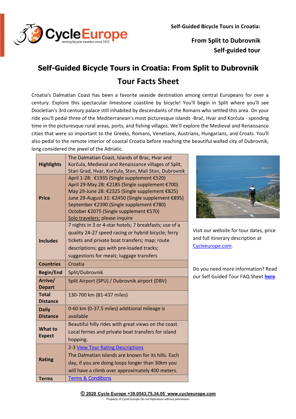 Self-Guided Bicycle Tours in Croatia: from Split to Dubrovnik Tour Facts Sheet