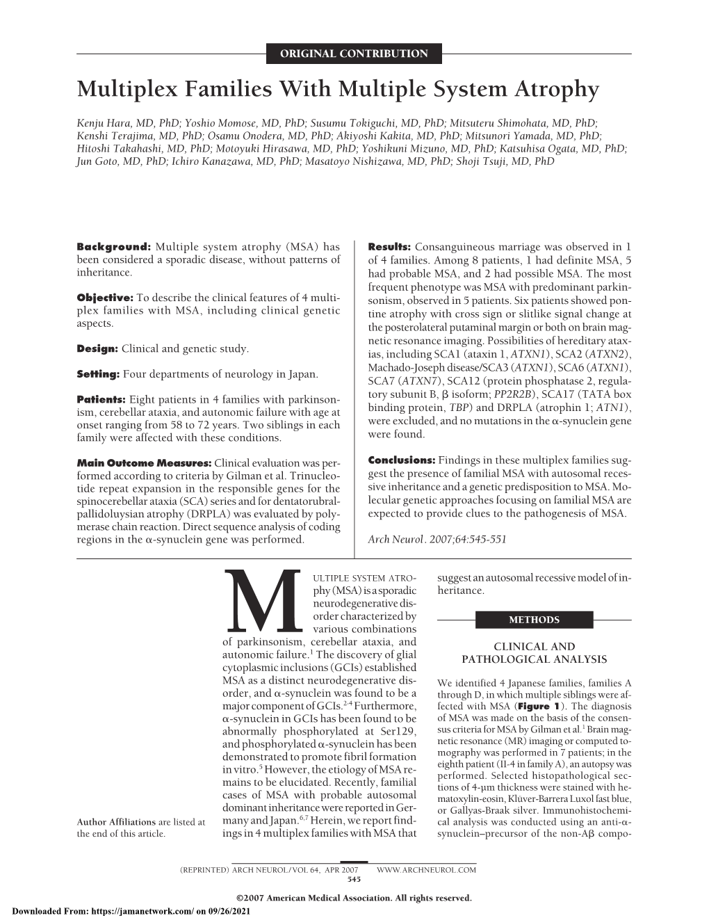 Multiplex Families with Multiple System Atrophy