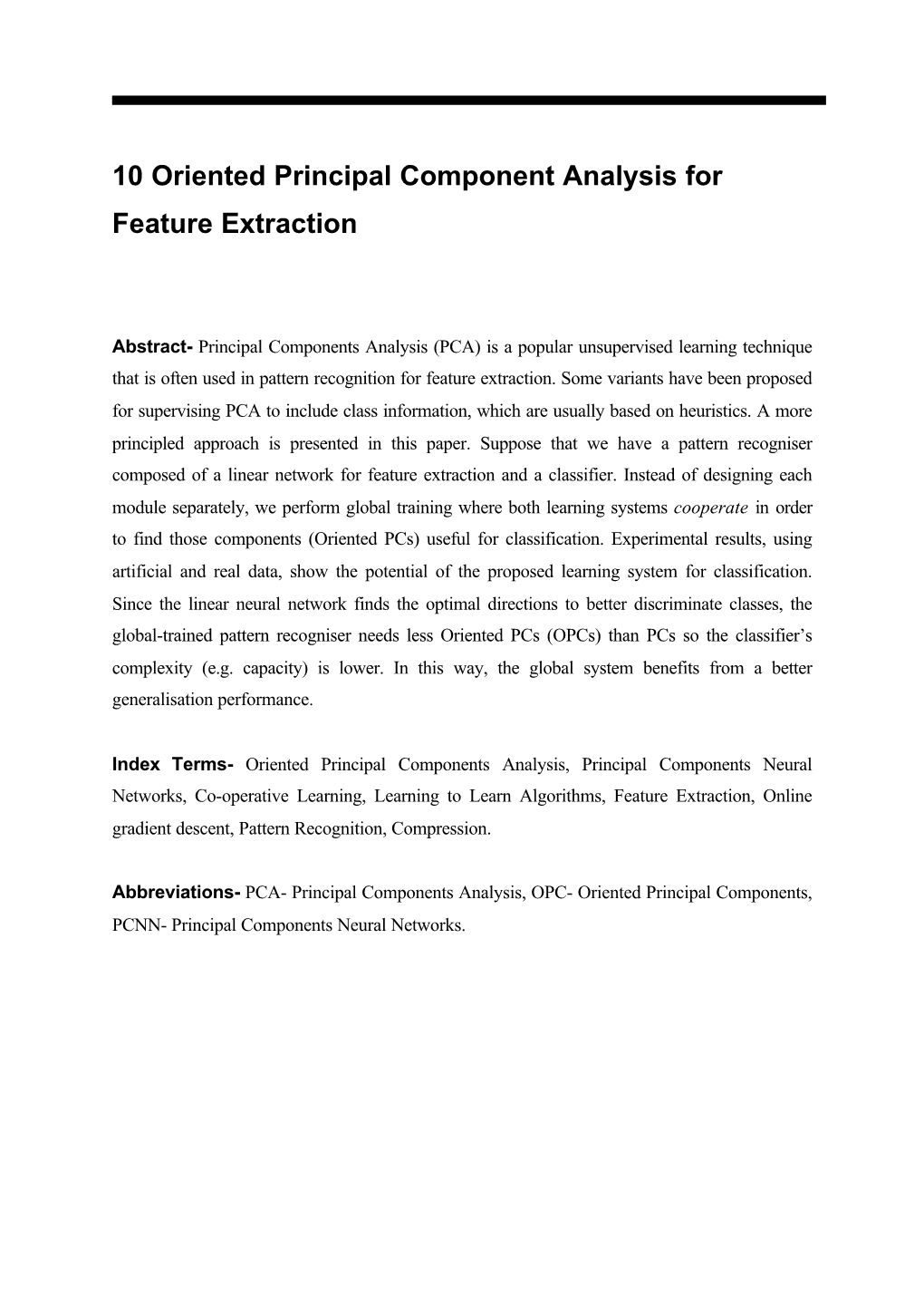 10 Oriented Principal Component Analysis for Feature Extraction