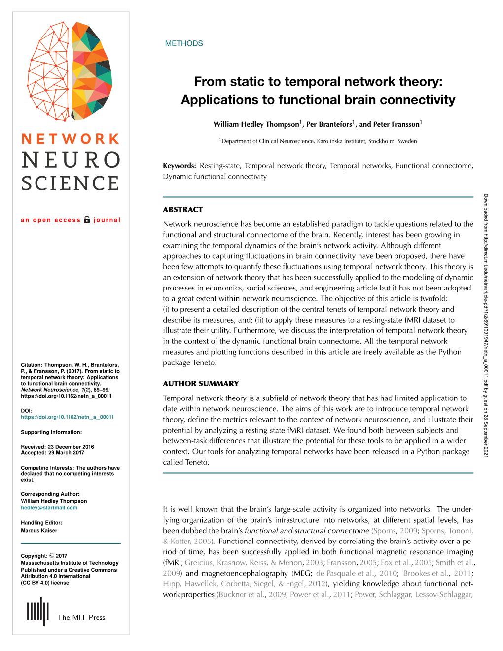 From Static to Temporal Network Theory: Applications to Functional Brain Connectivity