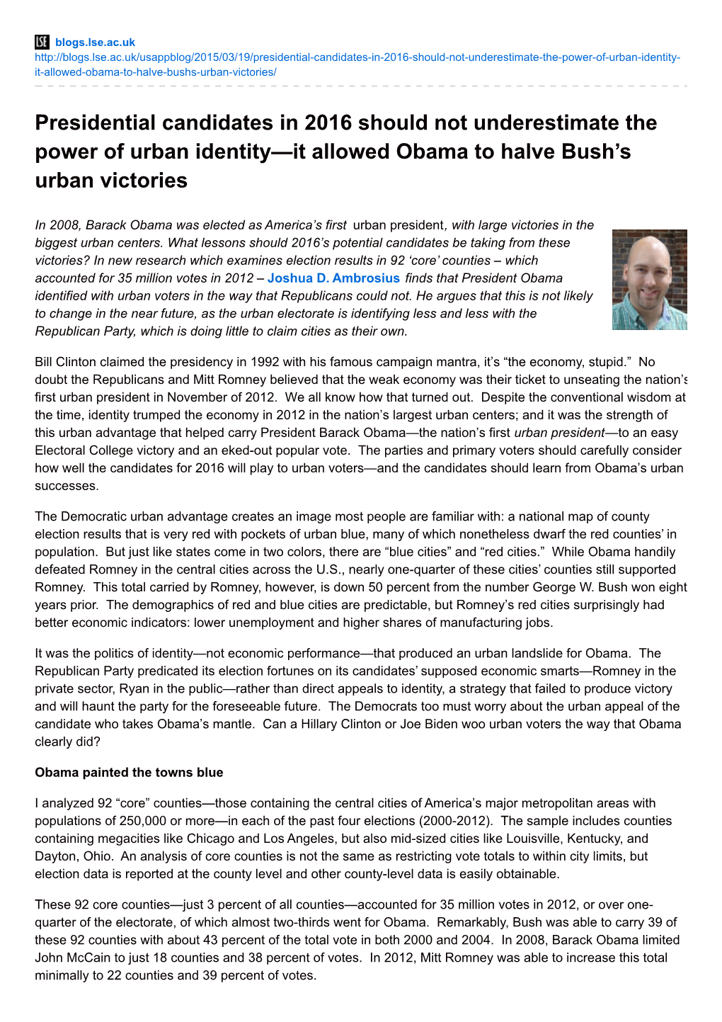 Presidential Candidates in 2016 Should Not Underestimate the Power of Urban Identity—It Allowed Obama to Halve Bush’S Urban Victories