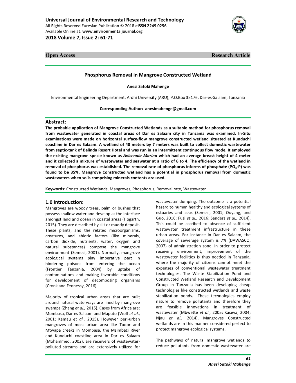 Phosphorus Removal in Mangrove Constructed Wetland