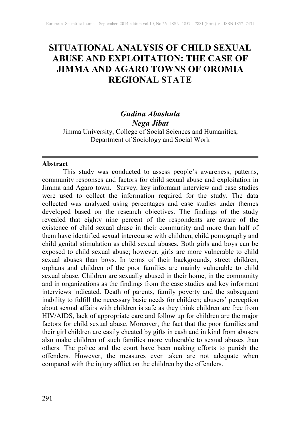 Situational Analysis of Child Sexual Abuse and Exploitation: the Case of Jimma and Agaro Towns of Oromia Regional State