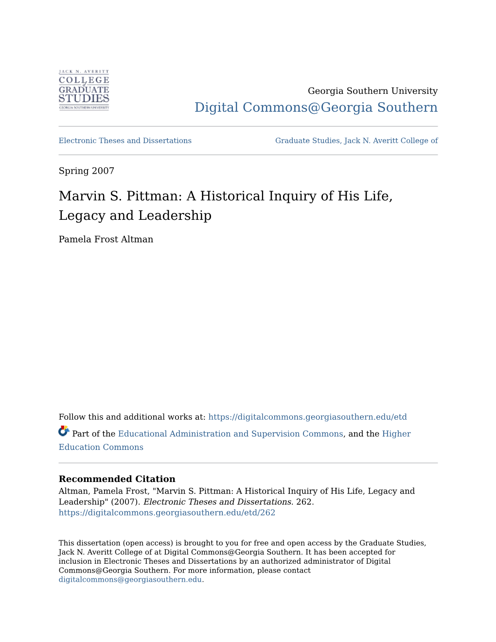 Marvin S. Pittman: a Historical Inquiry of His Life, Legacy and Leadership