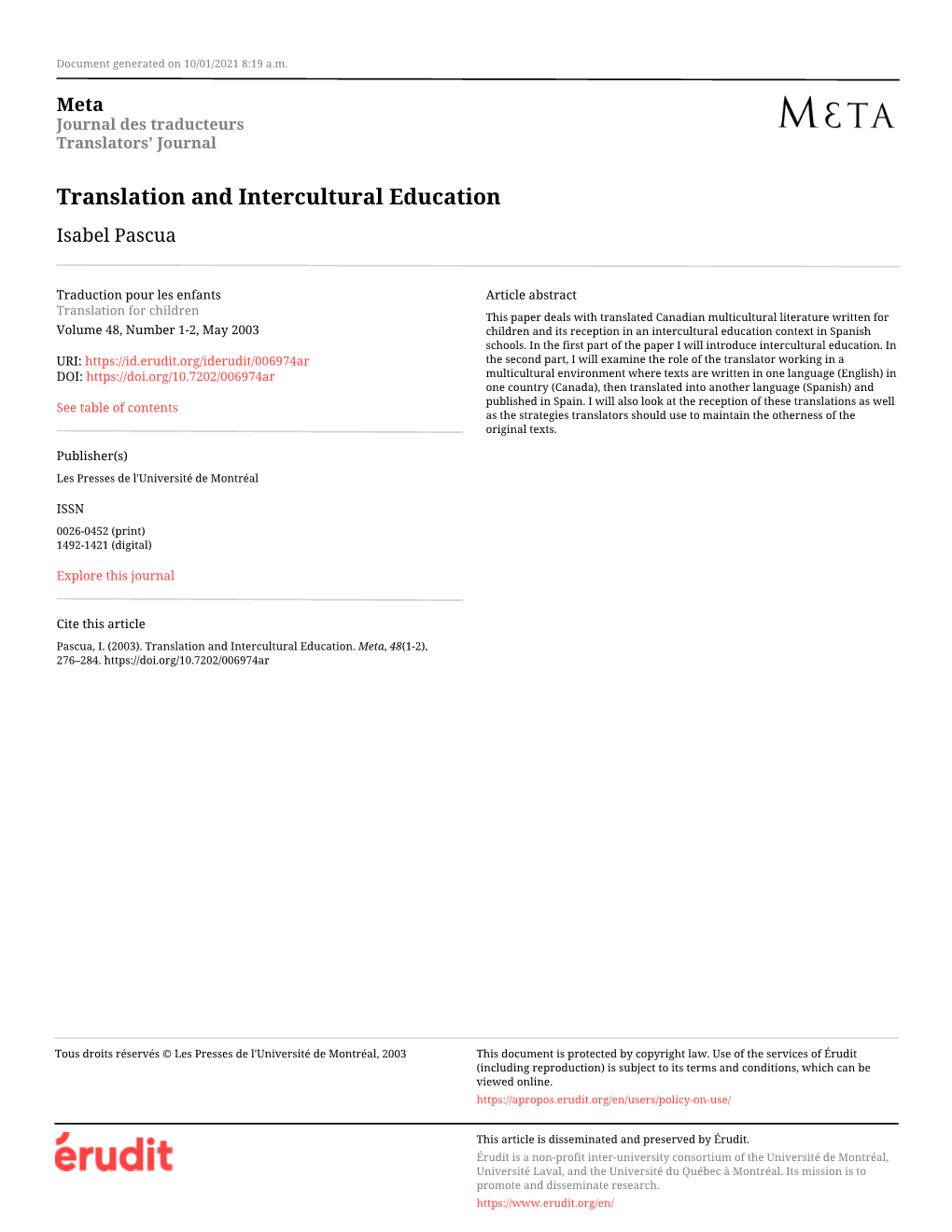 Translation and Intercultural Education Isabel Pascua