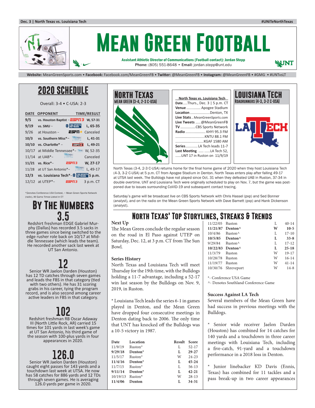 Mean Green Football Assistant Athletic Director of Communications (Football Contact): Jordan Stepp Phone: (805) 551-8648 • Email: Jordan.Stepp@Unt.Edu