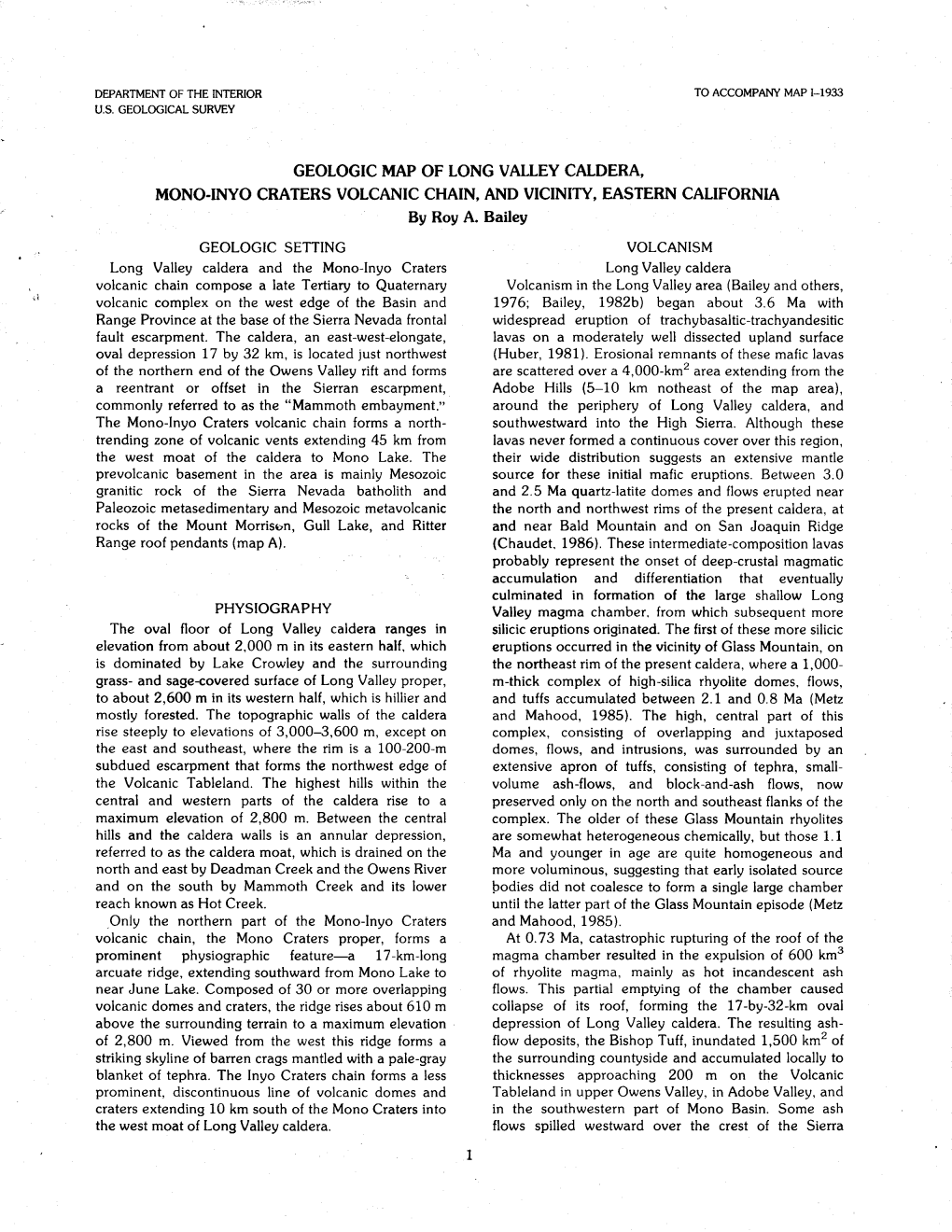 Geologic Map of the Long Valley Caldera, Mono-Inyo Craters