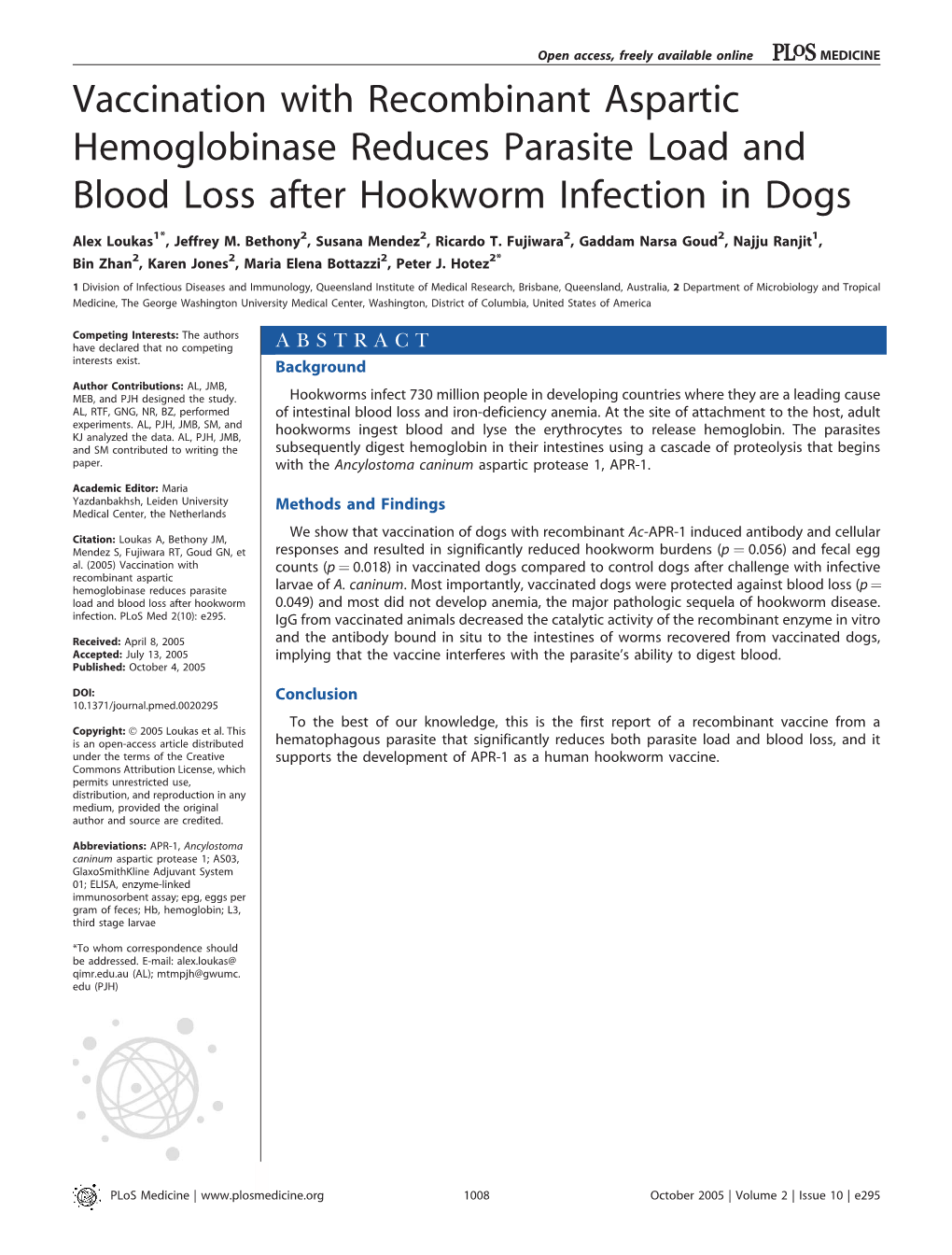 Vaccination with Recombinant Aspartic Hemoglobinase Reduces Parasitic Load and Blood Loss After Hookworm Infection in Dogs