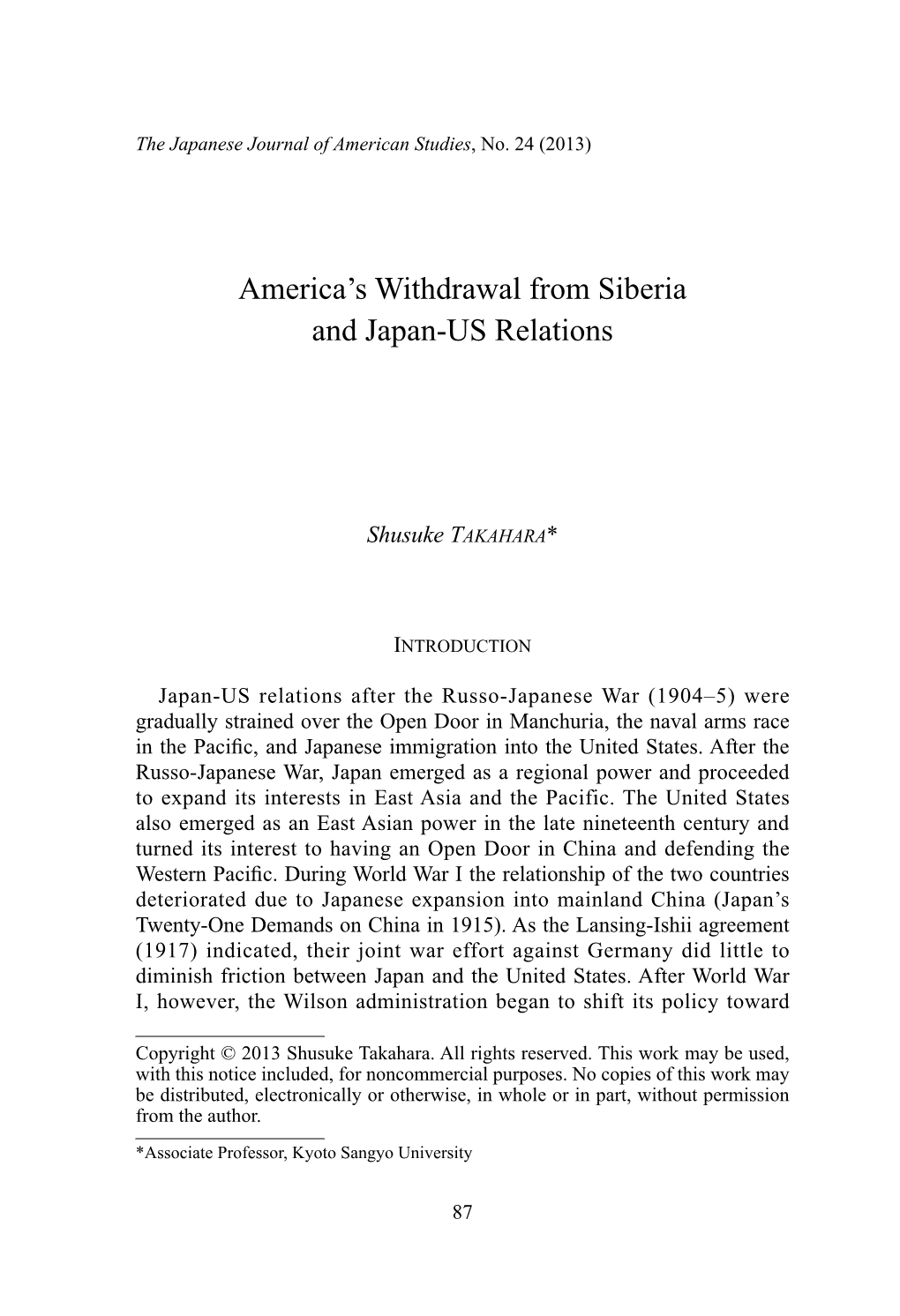 America's Withdrawal from Siberia and Japan-US Relations