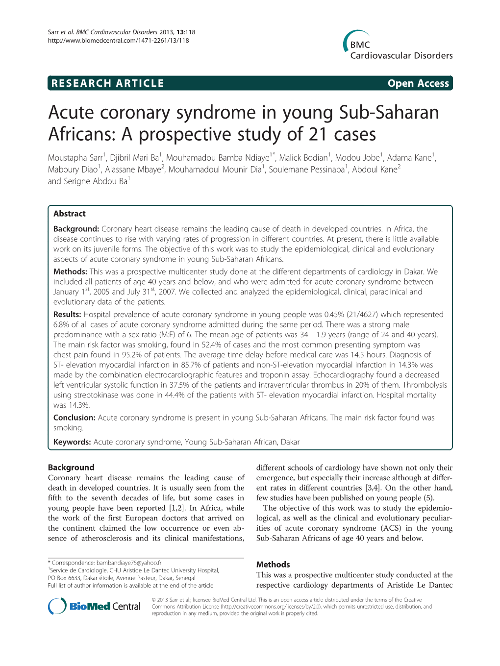 Acute Coronary Syndrome in Young Sub-Saharan Africans: A