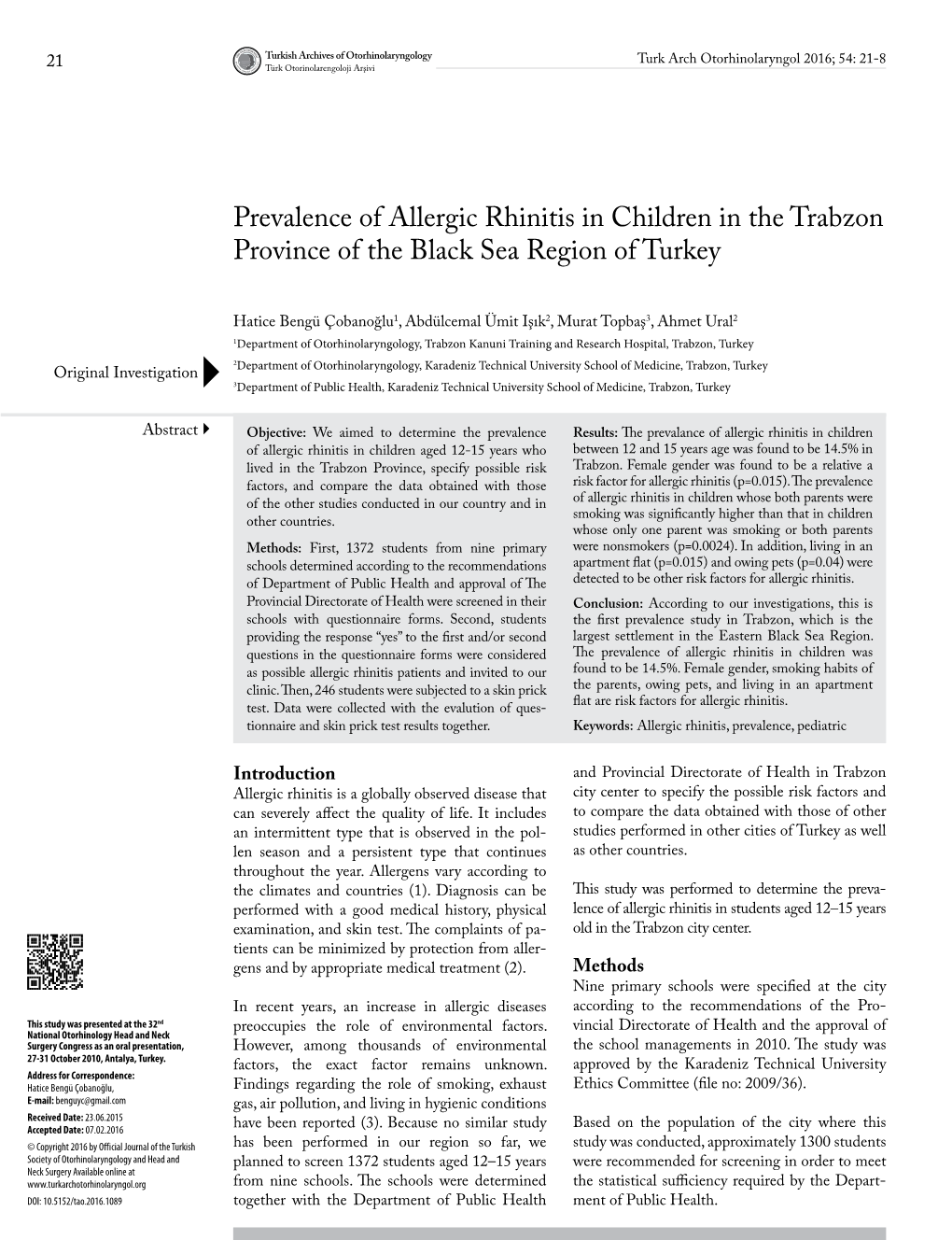 Prevalence of Allergic Rhinitis in Children in the Trabzon Province of the Black Sea Region of Turkey
