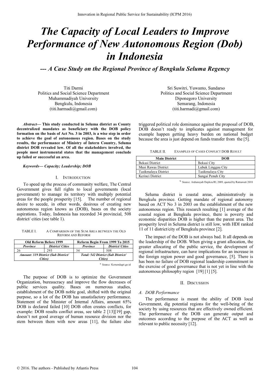 (Dob) in Indonesia --- a Case Study on the Regional Province of Bengkulu Seluma Regency