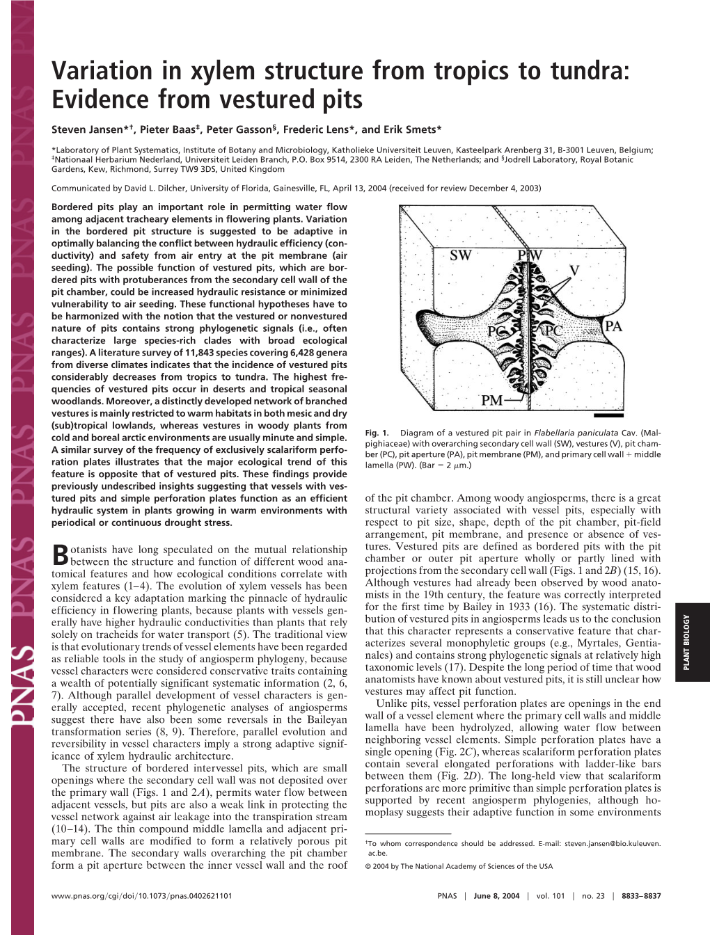 Variation in Xylem Structure from Tropics to Tundra: Evidence from Vestured Pits