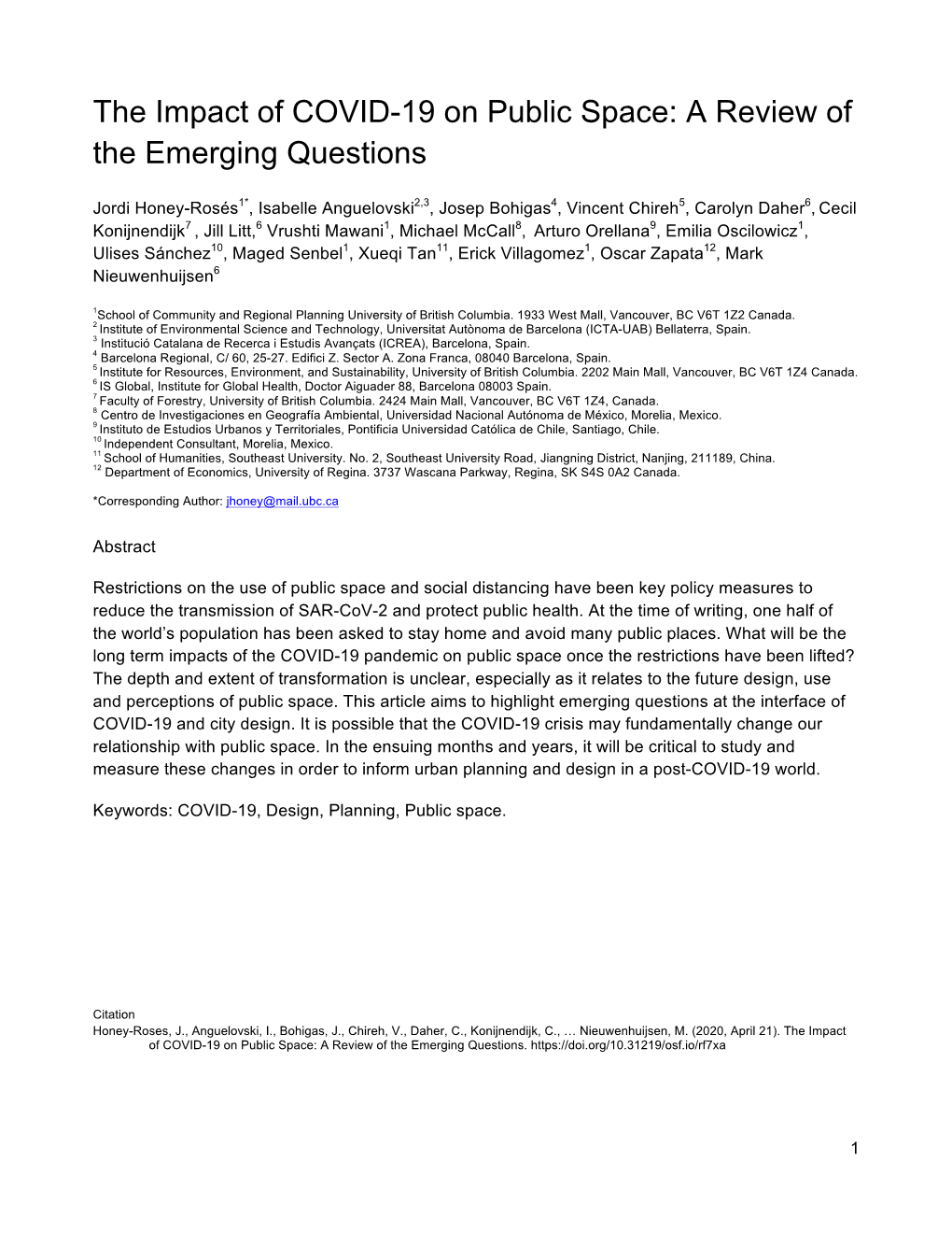 The Impact of COVID-19 on Public Space: a Review of the Emerging Questions