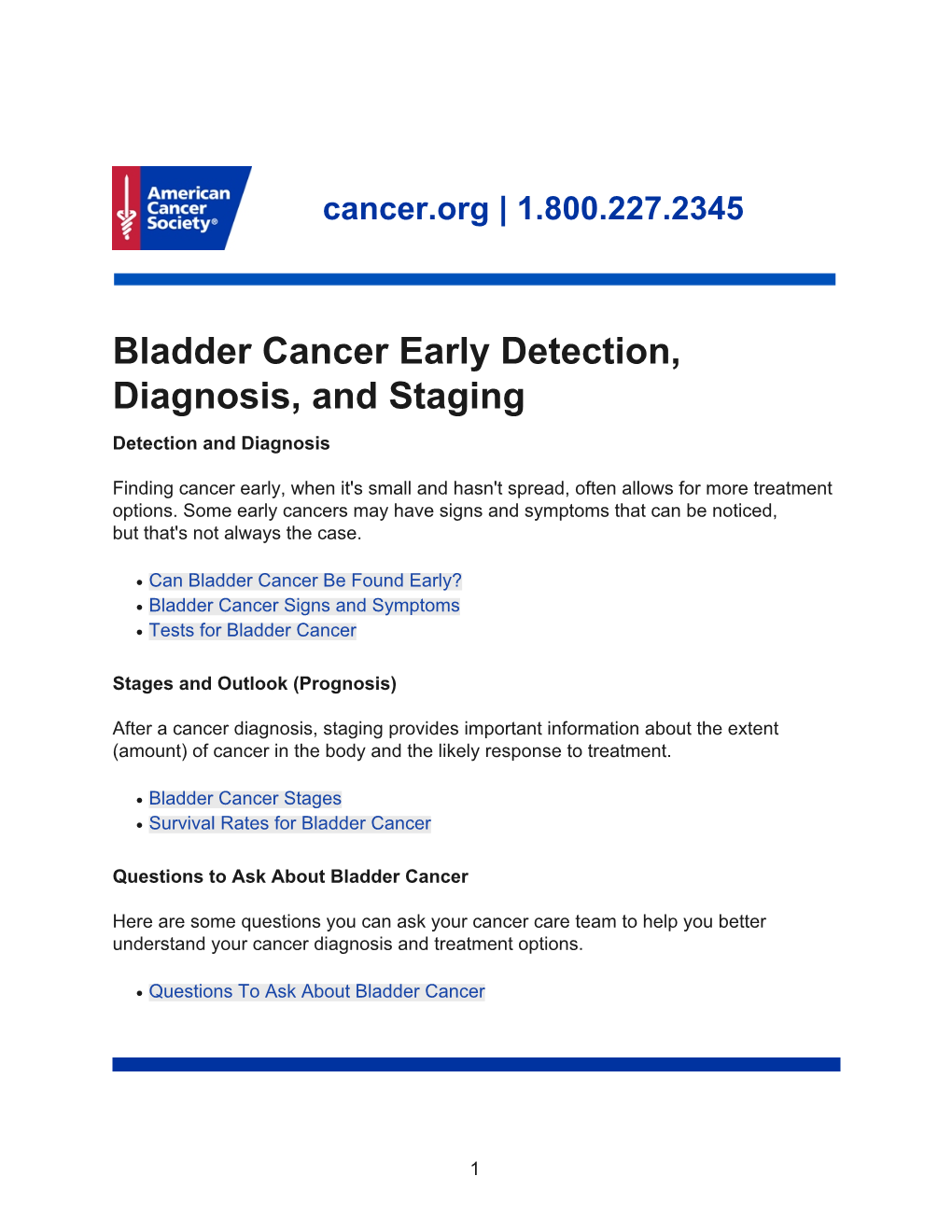 Bladder Cancer Early Detection, Diagnosis, and Staging Detection and Diagnosis