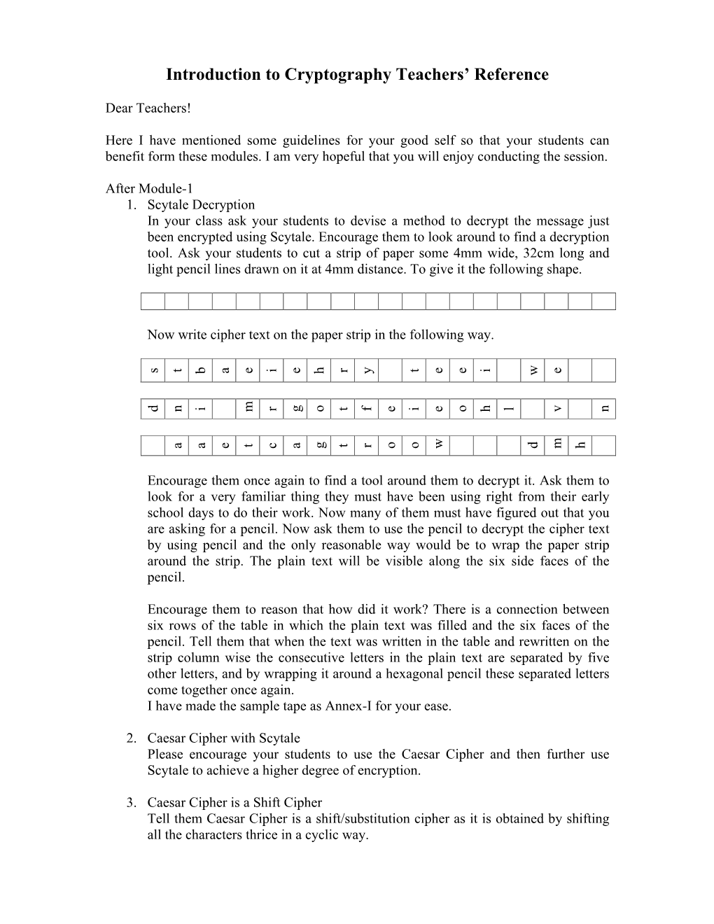 Introduction to Cryptography Teachers' Reference