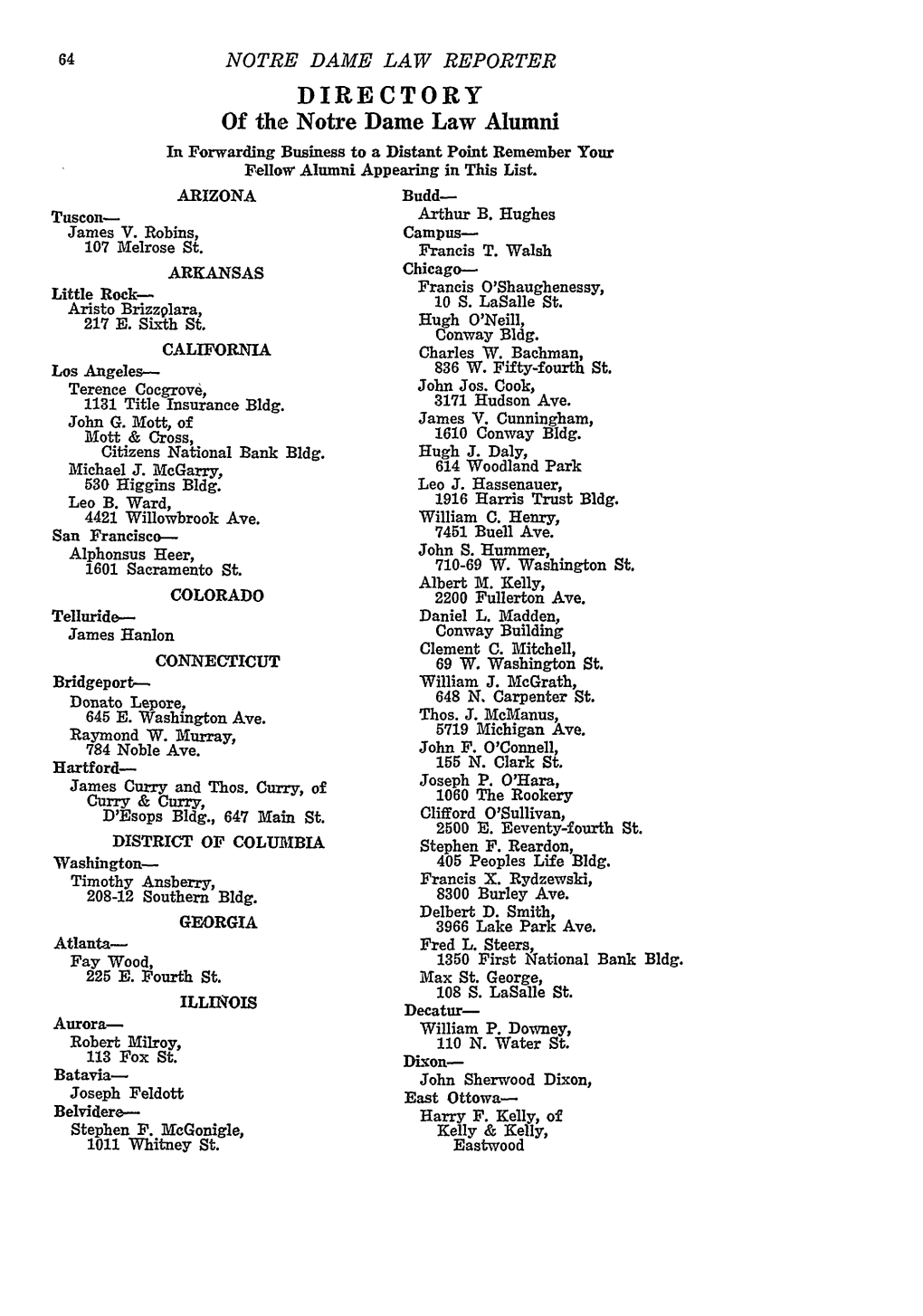 DIRECTORY of the Notre Dame Law Alumni in Forwarding Business to a Distant Point Remember Your Fellow Alumni Appearing in This List