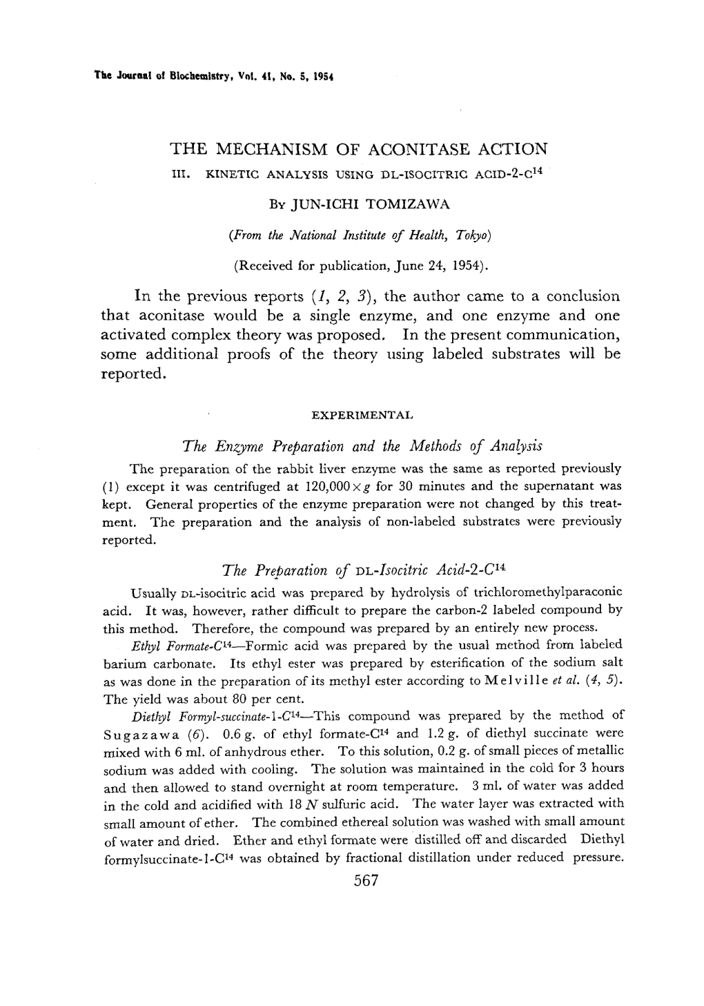 The Mechanism of Aconitase Action Iii. Kinetic Analysis Using Dl-Isocitric Acid-2-C 14