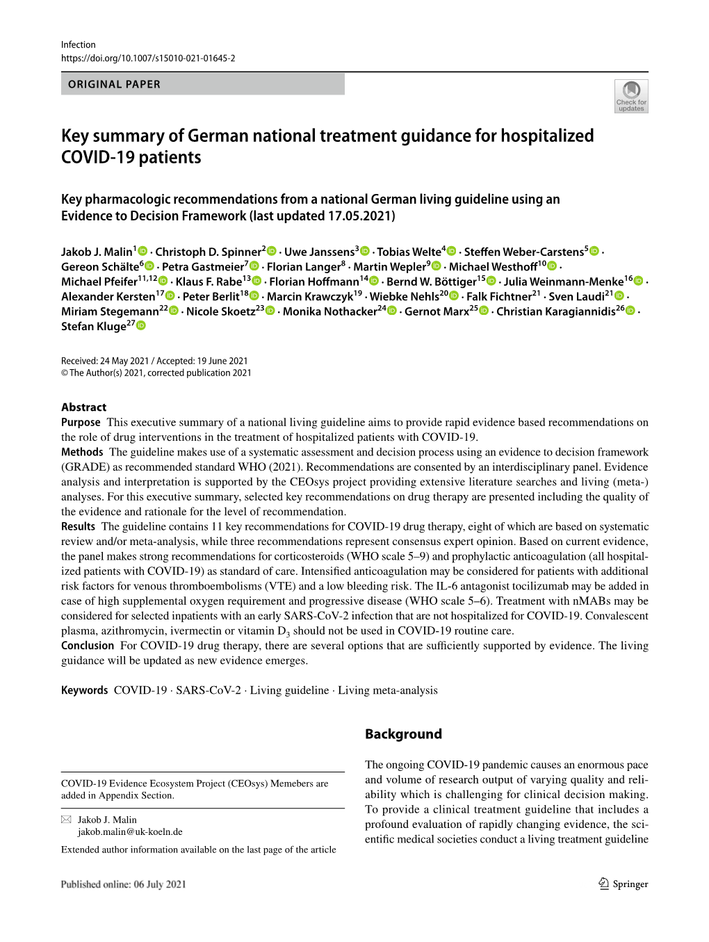 Key Summary of German National Treatment Guidance for Hospitalized COVID‑19 Patients