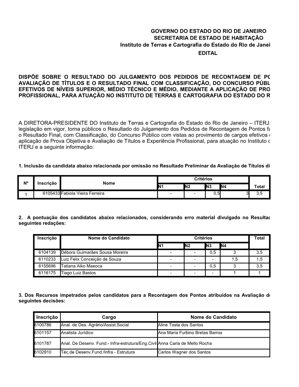 GOVERNO DO ESTADO DO RIO DE JANEIRO SECRETARIA DE ESTADO DE HABITAÇÃO Instituto De Terras E Cartografia Do Estado Do Rio De Janeiro – ITERJ EDITAL