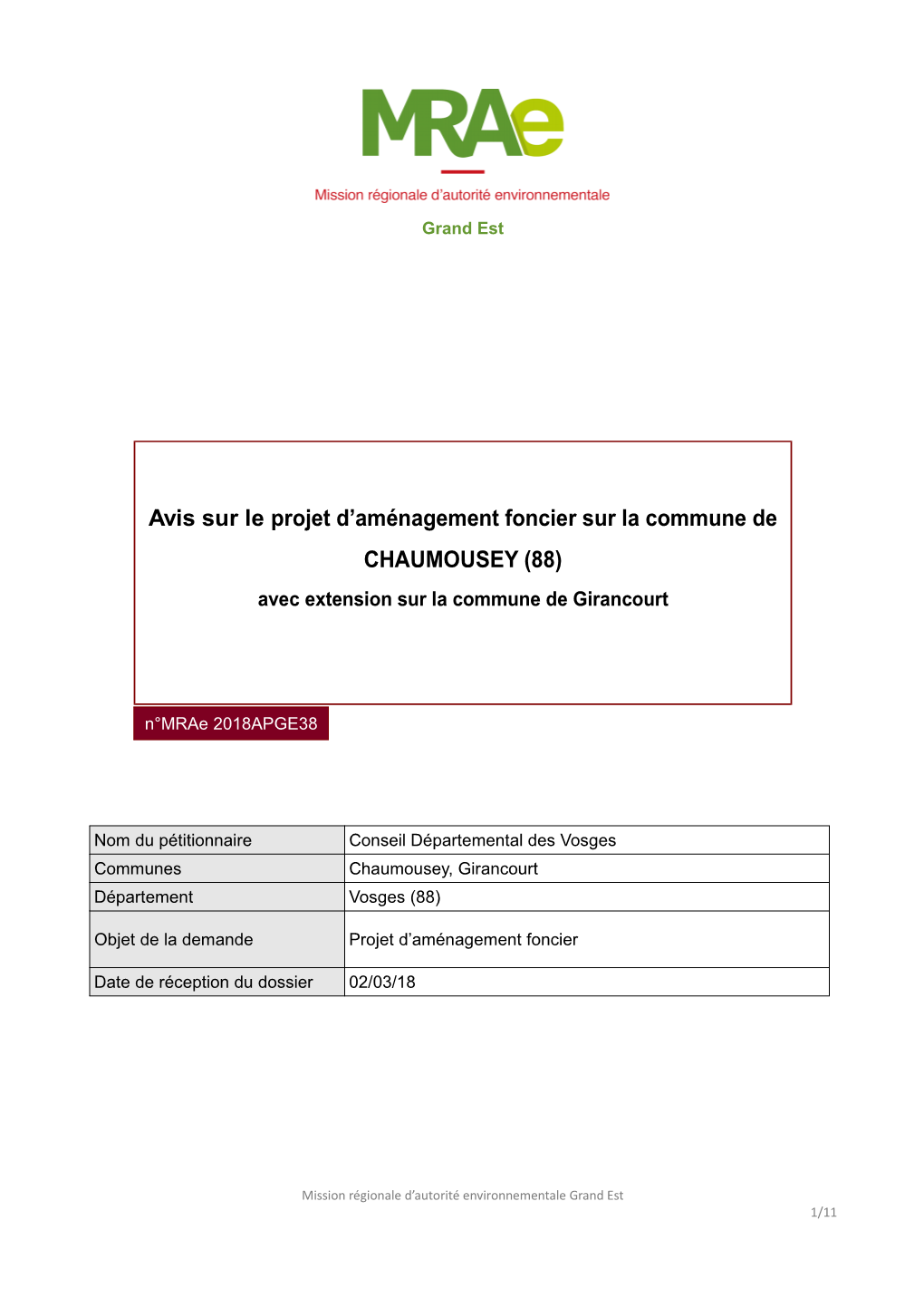 Avis Sur Le Projet D'aménagement Foncier Sur La Commune De