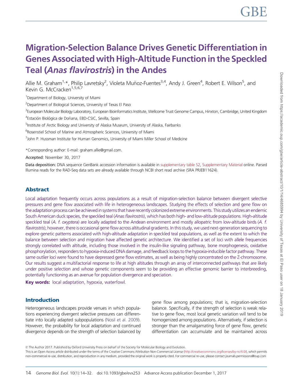 Migration-Selection Balance Drives Genetic Differentiation in Genes Associated with High-Altitude Function in the Speckled