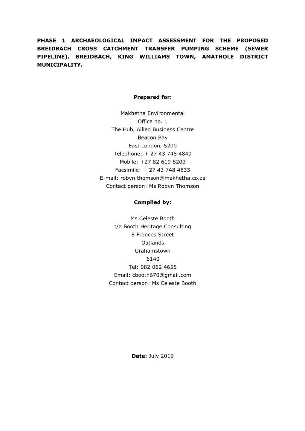 Phase 1 Archaeological Impact Assessment for the Proposed