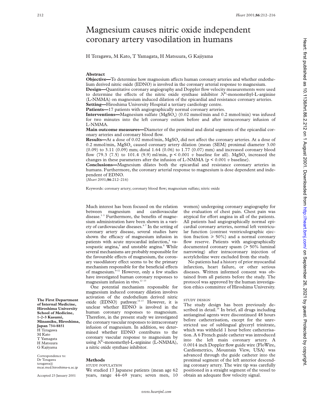 Magnesium Causes Nitric Oxide Independent Coronary Artery Vasodilation in Humans Heart: First Published As 10.1136/Hrt.86.2.212 on 1 August 2001