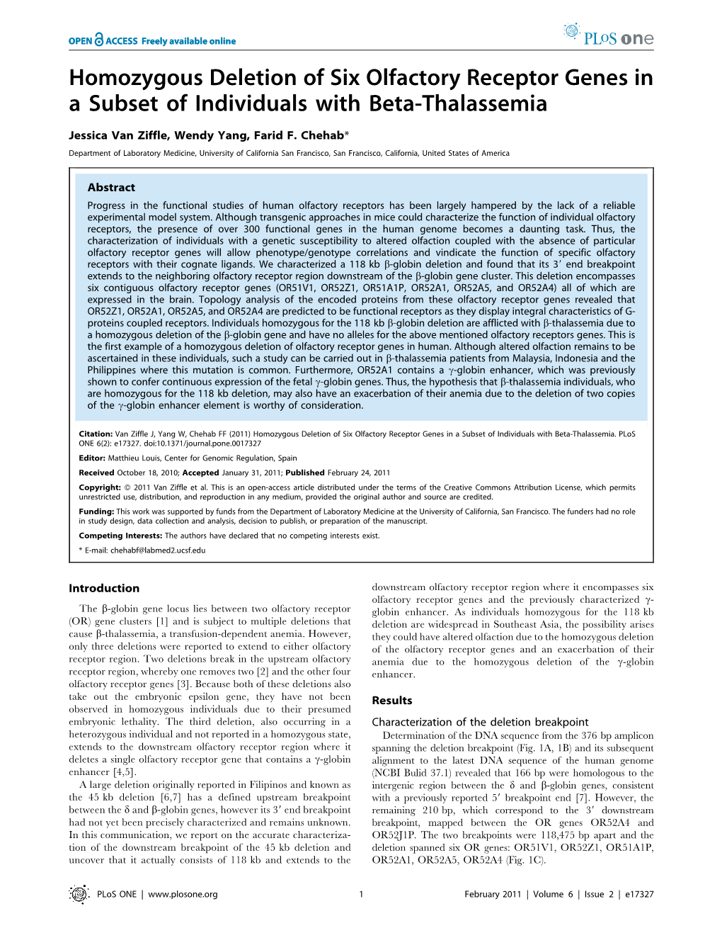 Homozygous Deletion of Six Olfactory Receptor Genes in a Subset of Individuals with Beta-Thalassemia