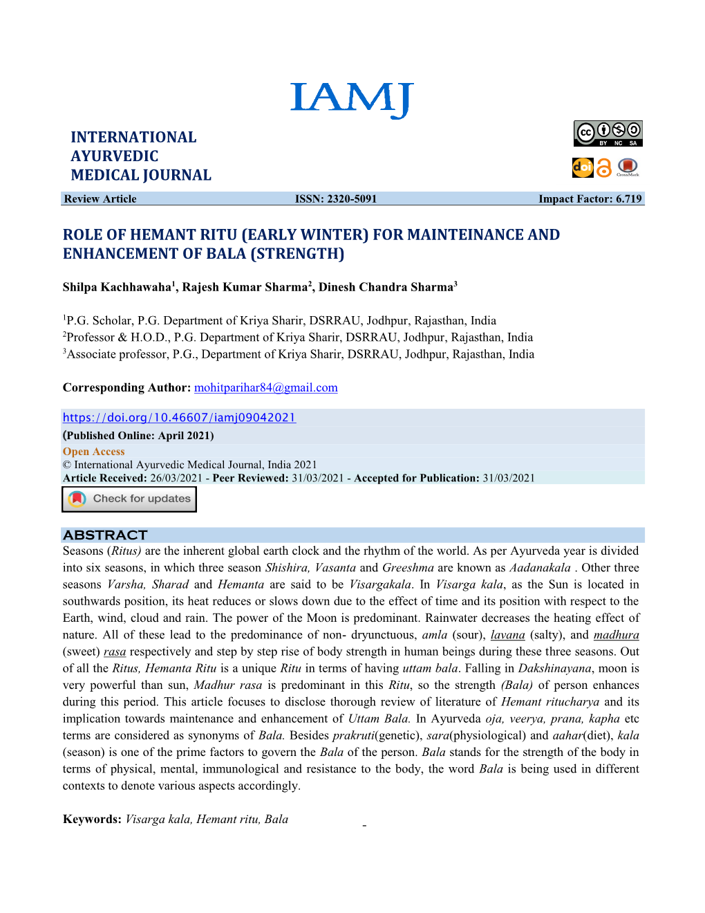 Shilpa Kachhawaha Et Al:Role of Hemant Ritu (Early Winter) for Mainteinance and Enhancement of Bala (Strength)