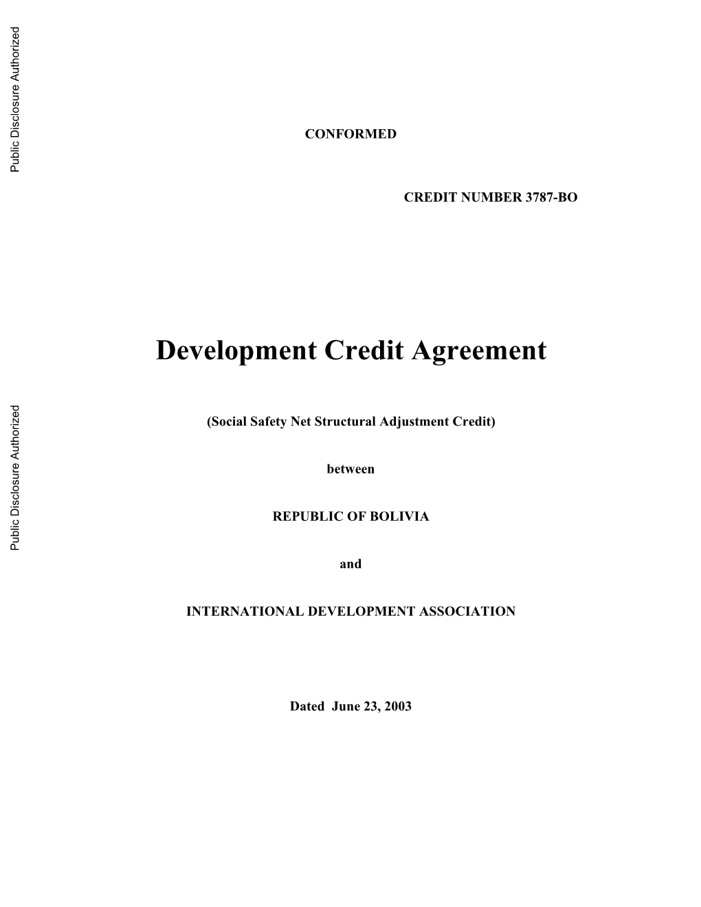 Development Credit Agreement Public Disclosure Authorized