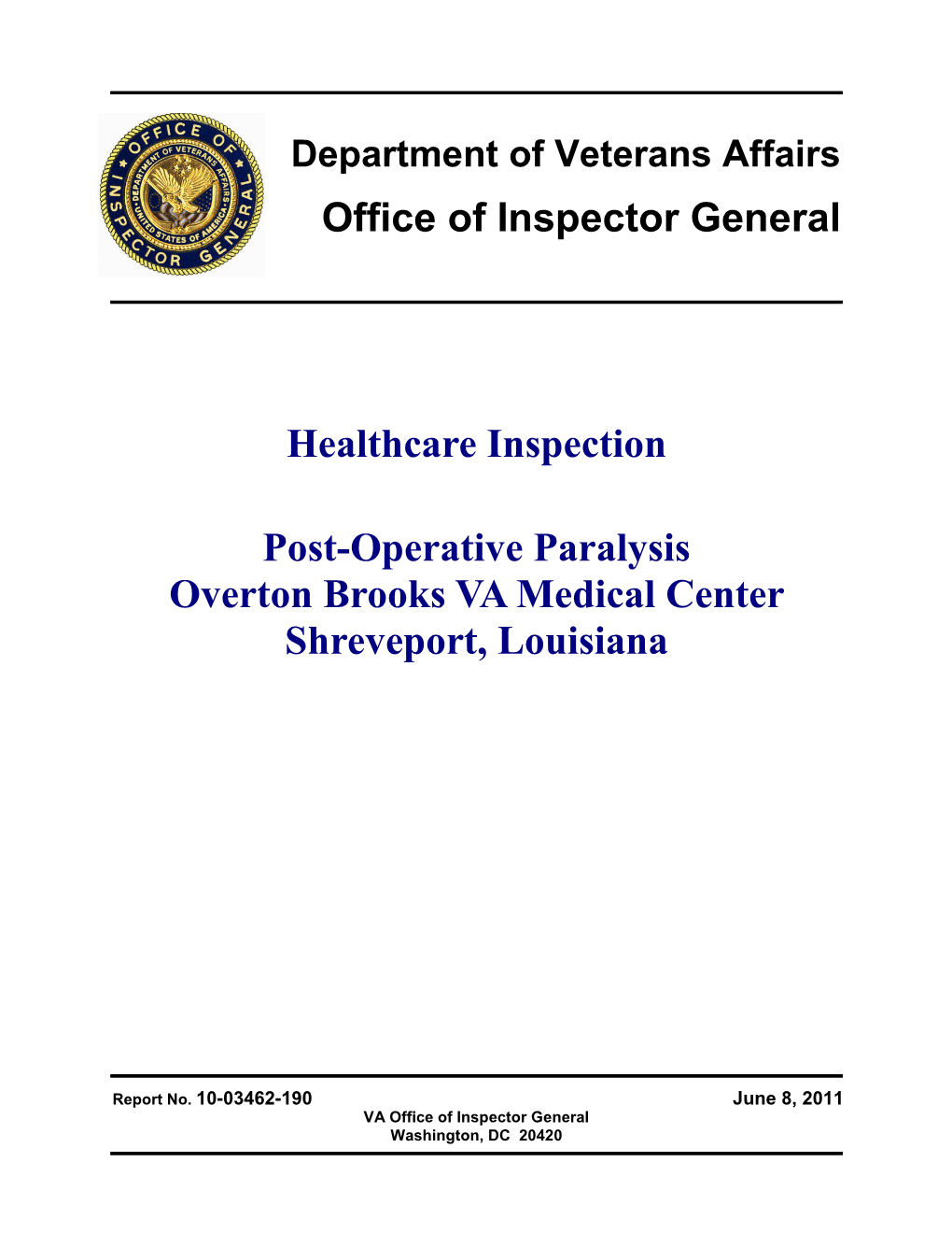 Department of Veterans Affairs Office of Inspector General Healthcare