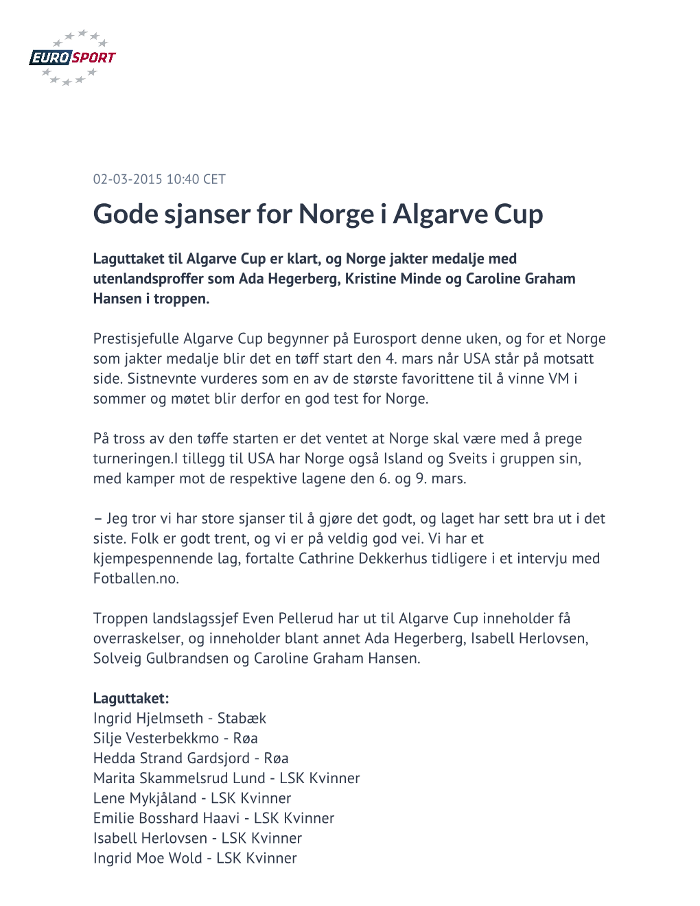 Gode Sjanser for Norge I Algarve Cup
