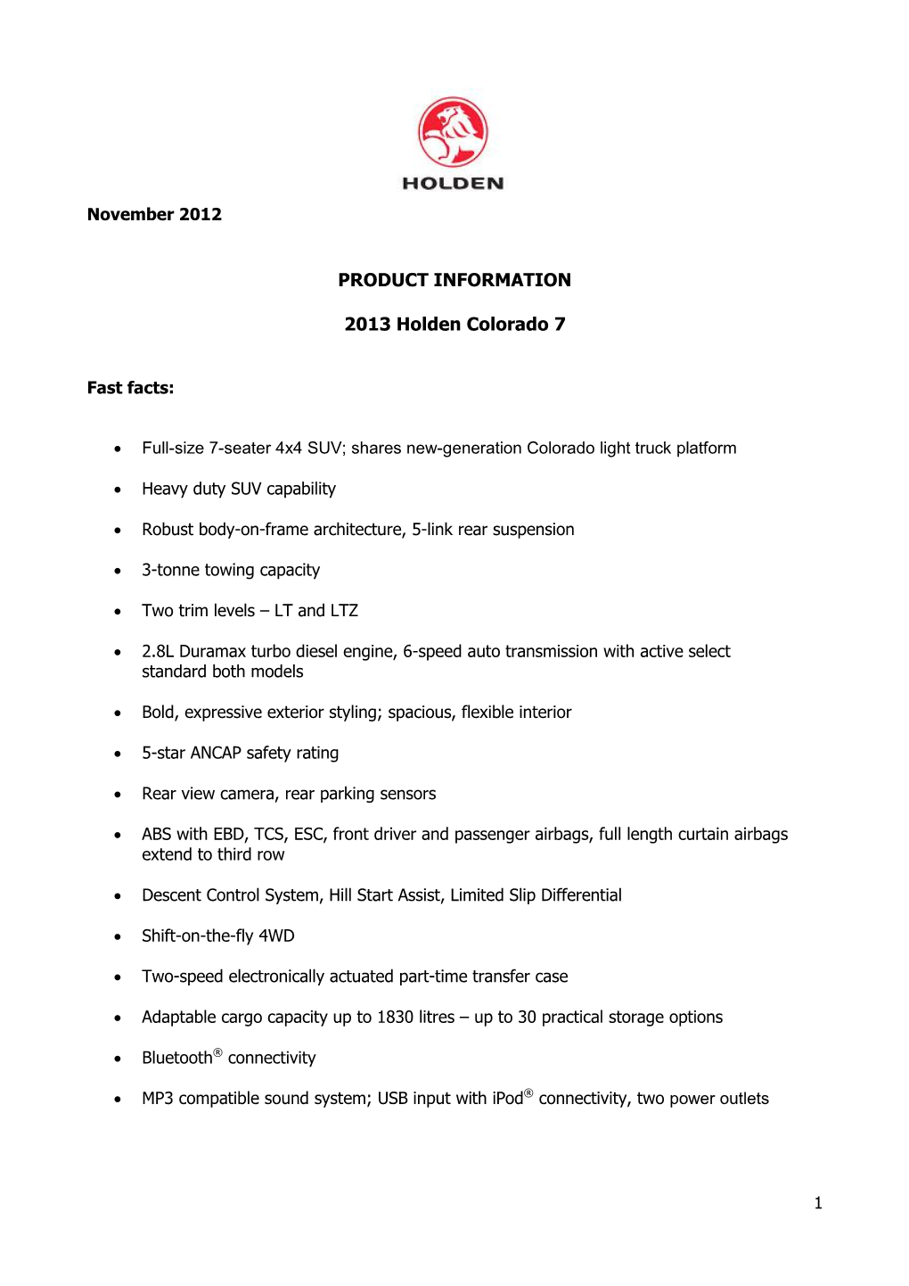 PRODUCT INFORMATION 2013 Holden Colorado 7