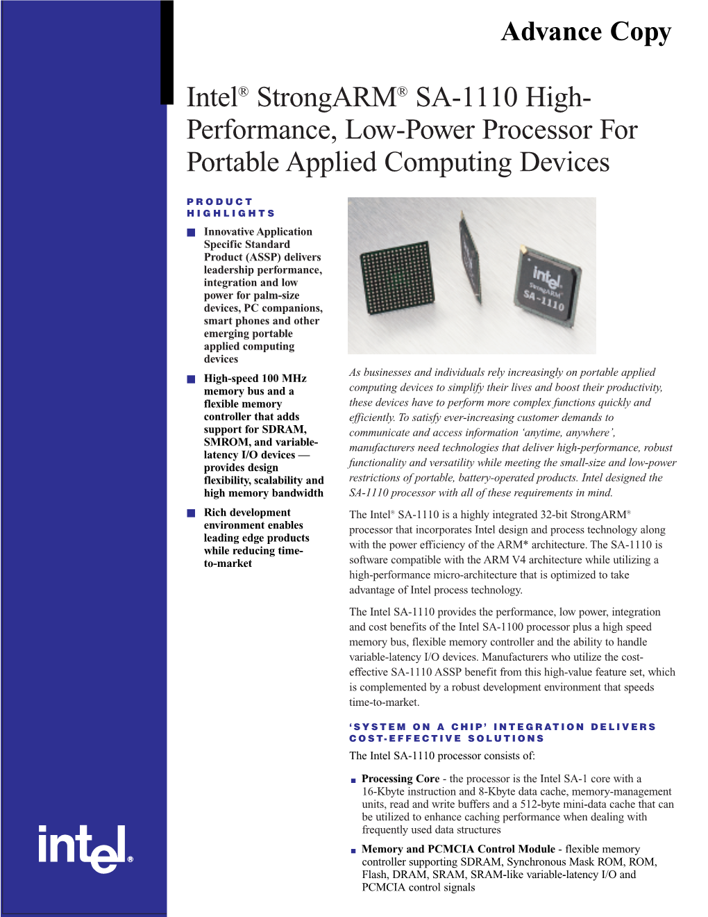 Intel® Strongarm® SA-1110 High- Performance, Low-Power Processor for Portable Applied Computing Devices