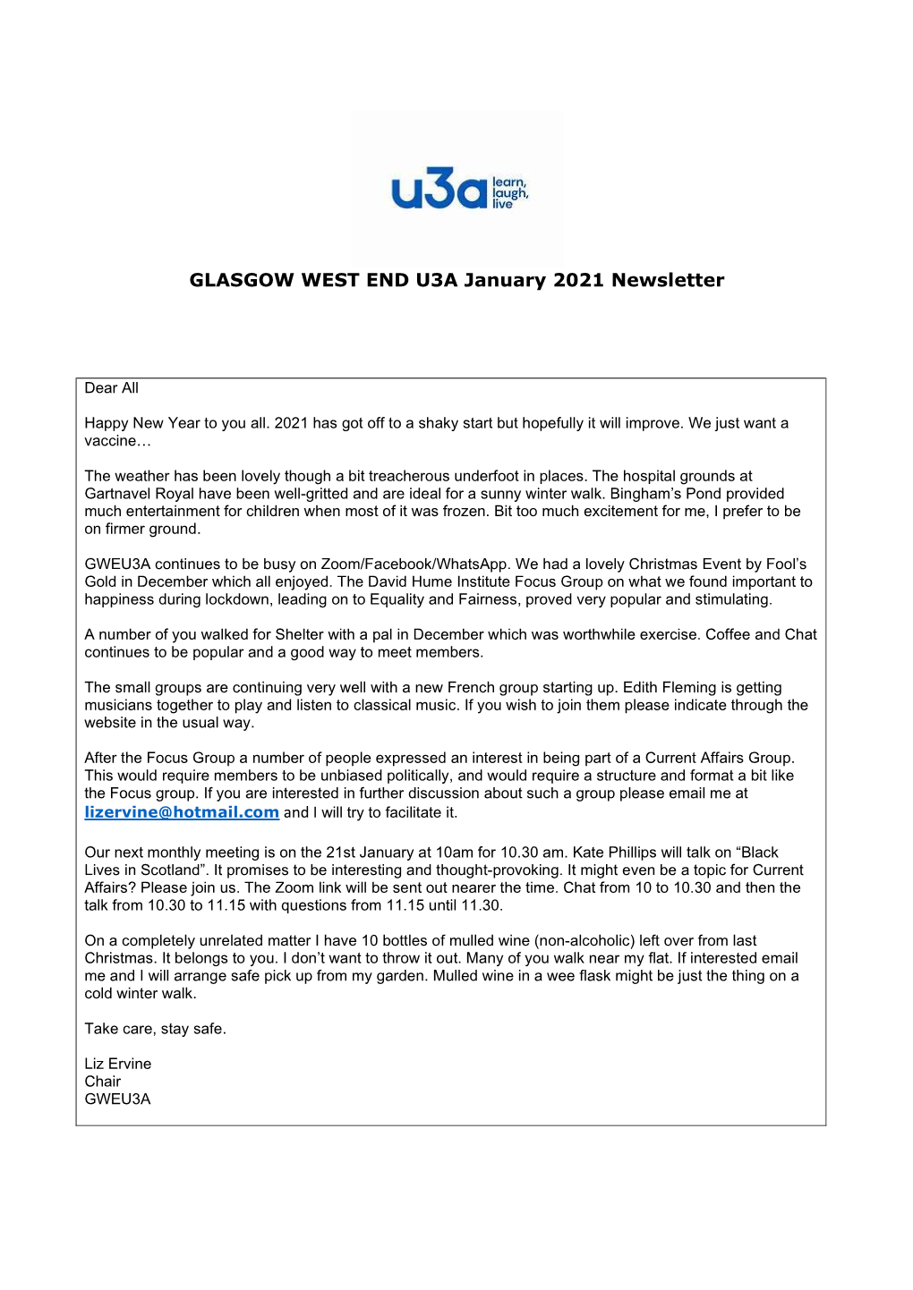 GLASGOW WEST END U3A January 2021 Newsletter